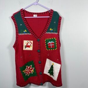 Holiday Editions Sweater Vest Women's XL Red Christmas Applique Sequin Patchwork